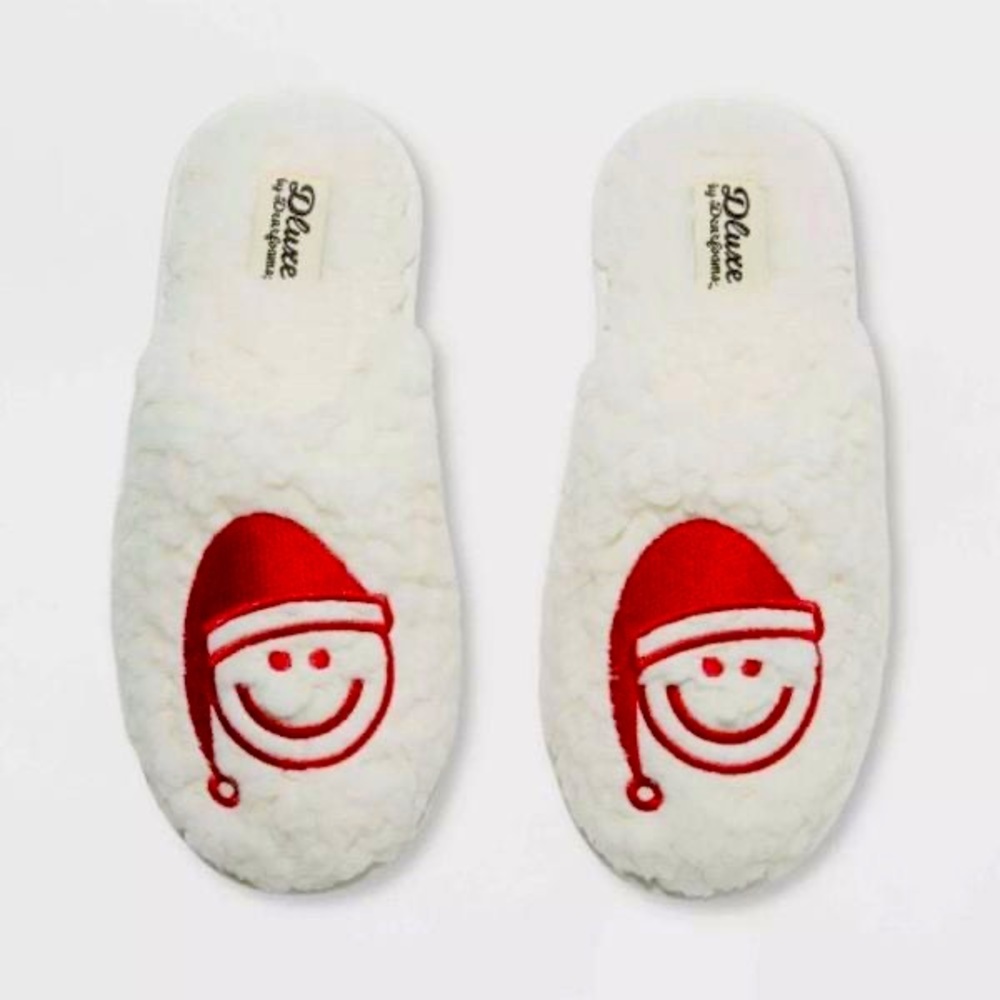 dluxe by Dearfoams Slippers Cream with Red Happy Face Santa Hat Slide -5-6 -Smal